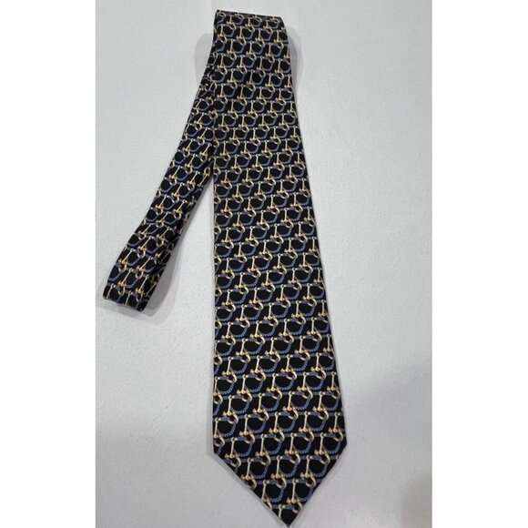 Dormeuil Paris Silk French Tie * Gold w/ Blue Pattern 58-59 3 3/4in. - Picture 1 of 6
